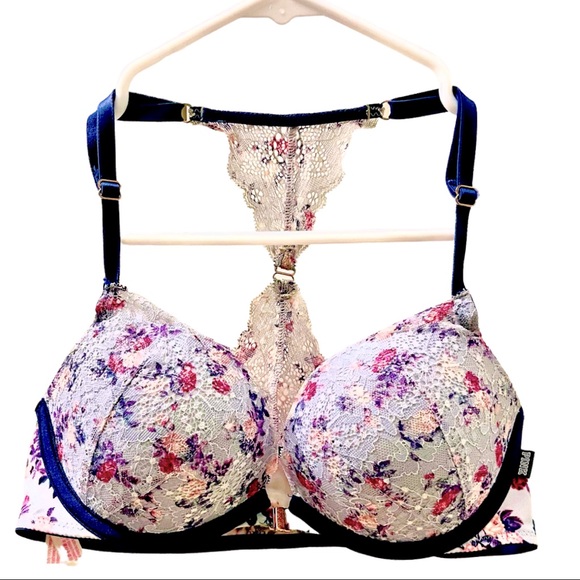 PINK Victoria's Secret Other - PINK Victoria’s Secret Purple Floral Lace Push-Up Padded Racerback Bra Size 34C